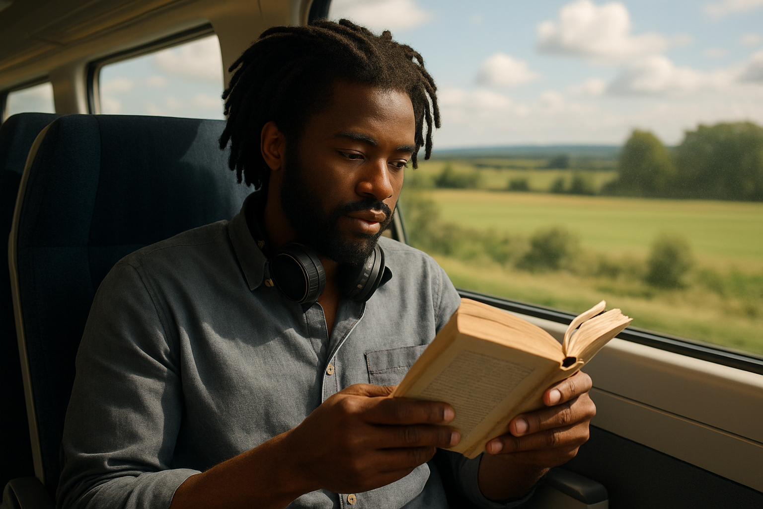 Black man with locs reading on train